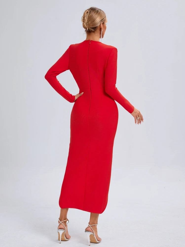 Elegant Deep V Neck Long Sleeve Folds Evening Party Club Bandage Bodycon Long Dresses