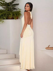Elegant Deep V-Neck Natural Halter Neck Slit Sleeveless Maxi Dress
