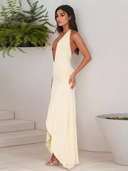Elegant Deep V-Neck Natural Halter Neck Slit Sleeveless Maxi Dress