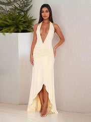 Elegant Deep V-Neck Natural Halter Neck Slit Sleeveless Maxi Dress