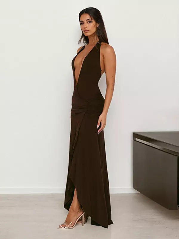 Elegant Deep V-Neck Natural Halter Neck Slit Sleeveless Maxi Dress