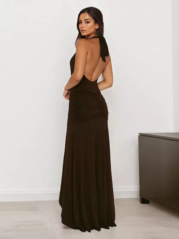 Elegant Deep V-Neck Natural Halter Neck Slit Sleeveless Maxi Dress