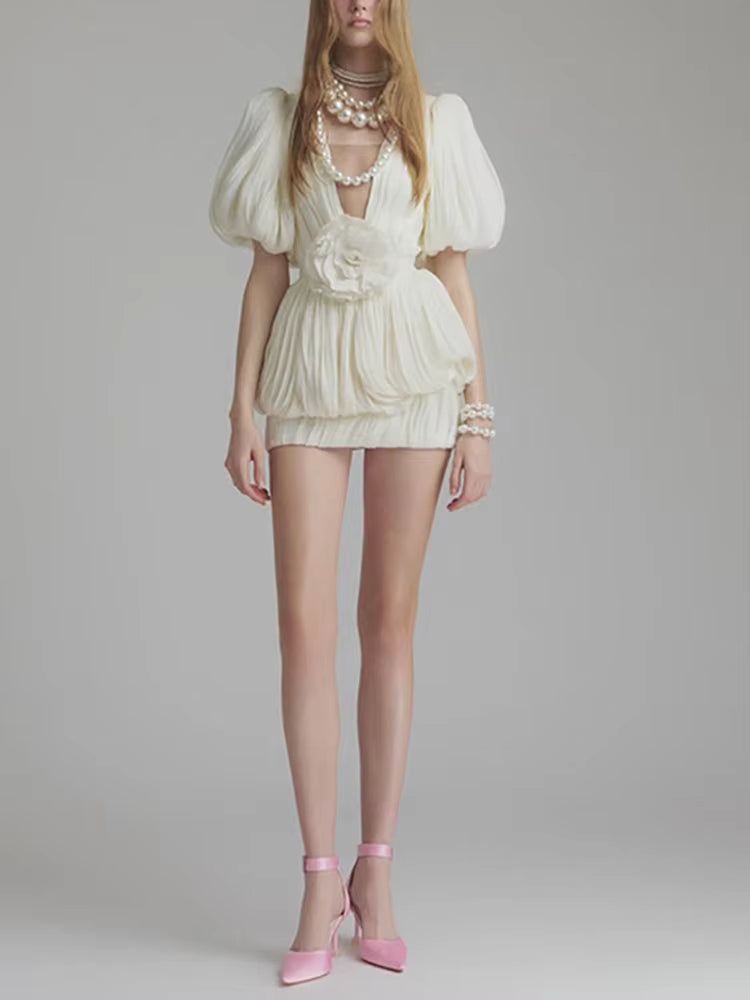 Elegant Deep V Neck Puff Sleeve Flower Patchwork Mini Short Sleeve Dress