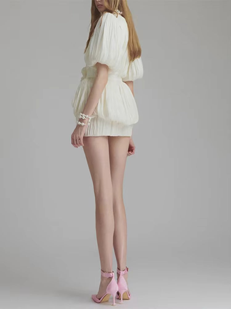 Elegant Deep V Neck Puff Sleeve Flower Patchwork Mini Short Sleeve Dress