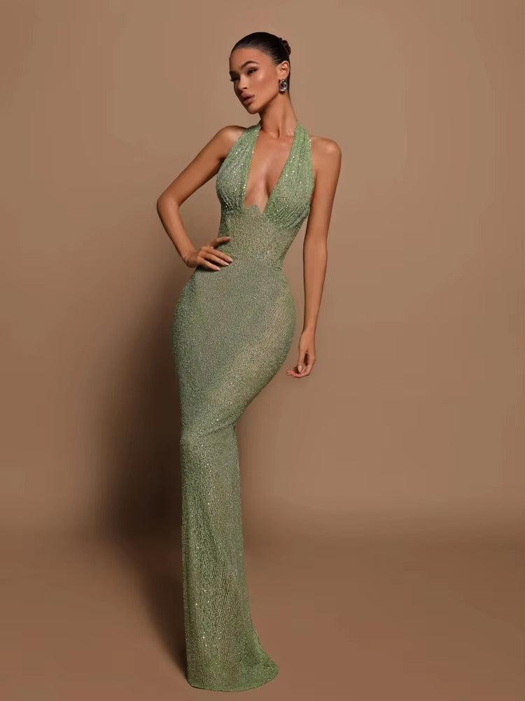 Elegant Deep V Neck Sequins Backless Christmas Long Dress