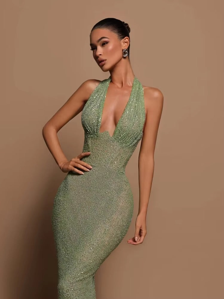 Elegant Deep V Neck Sequins Backless Christmas Long Dress