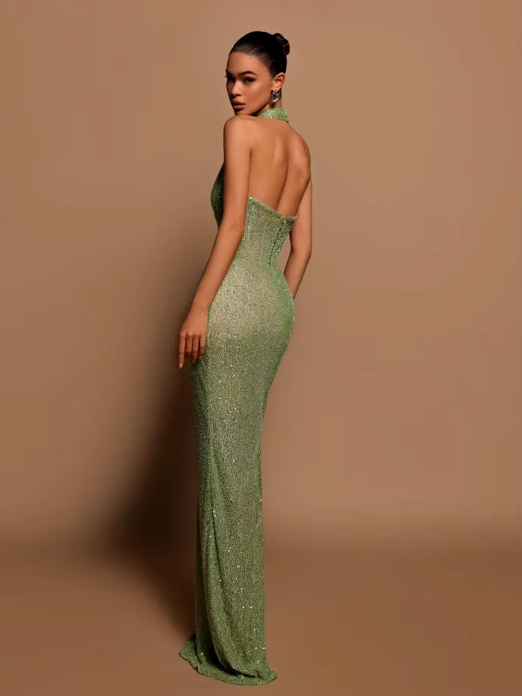 Elegant Deep V Neck Sequins Backless Christmas Long Dress