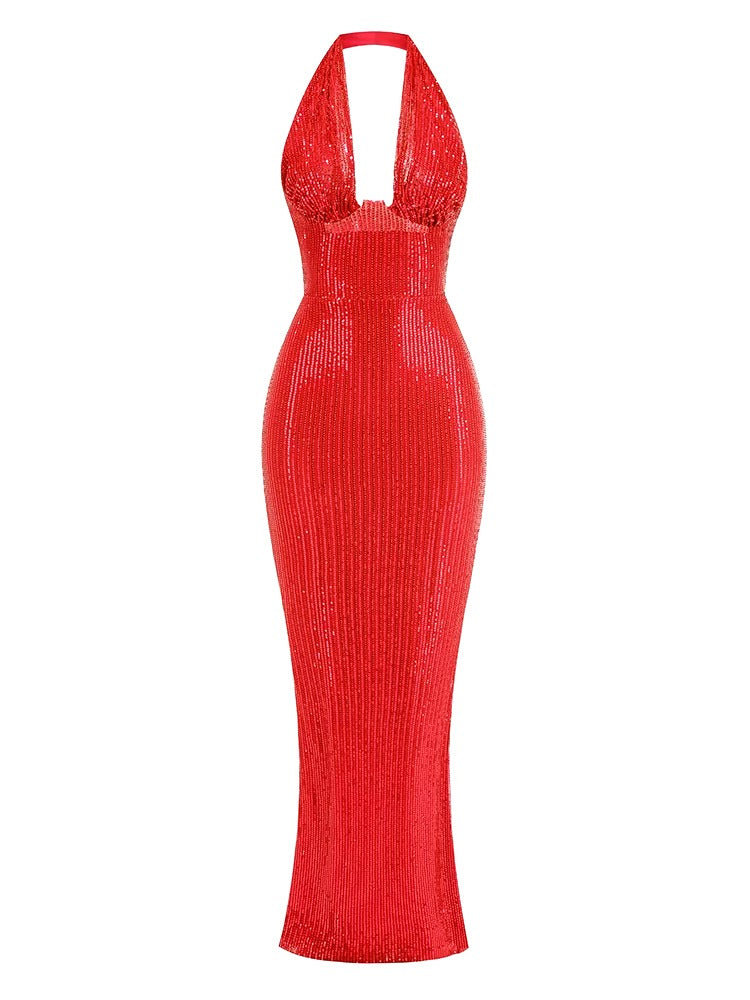 Elegant Deep V Neck Sequins Backless Christmas Long Dress