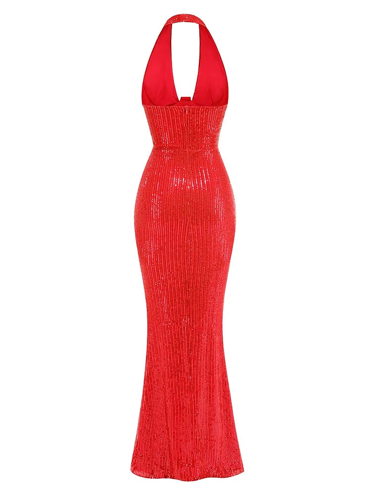 Elegant Deep V Neck Sequins Backless Christmas Long Dress