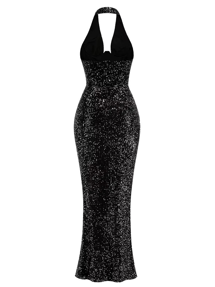 Elegant Deep V Neck Sequins Backless Christmas Long Dress