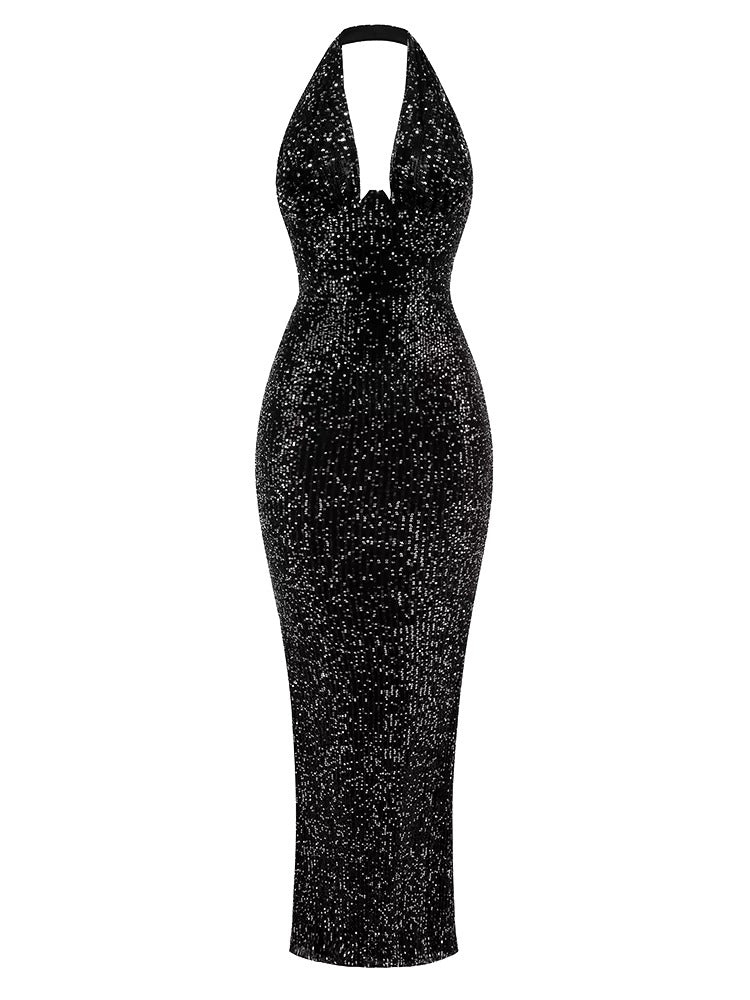 Elegant Deep V Neck Sequins Backless Christmas Long Dress