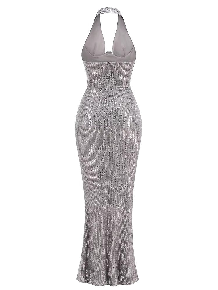 Elegant Deep V Neck Sequins Backless Christmas Long Dress