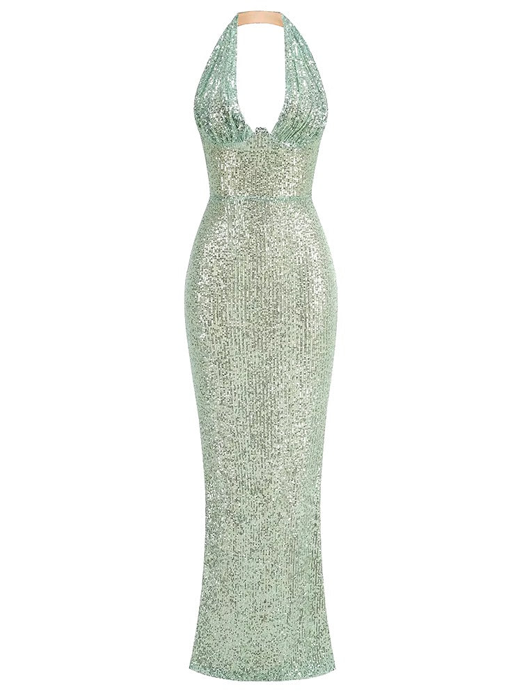Elegant Deep V Neck Sequins Backless Christmas Long Dress