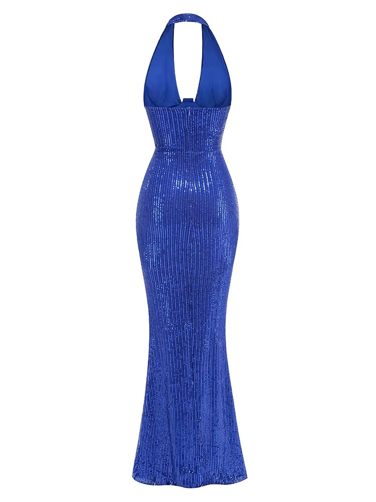Elegant Deep V Neck Sequins Backless Christmas Long Dress