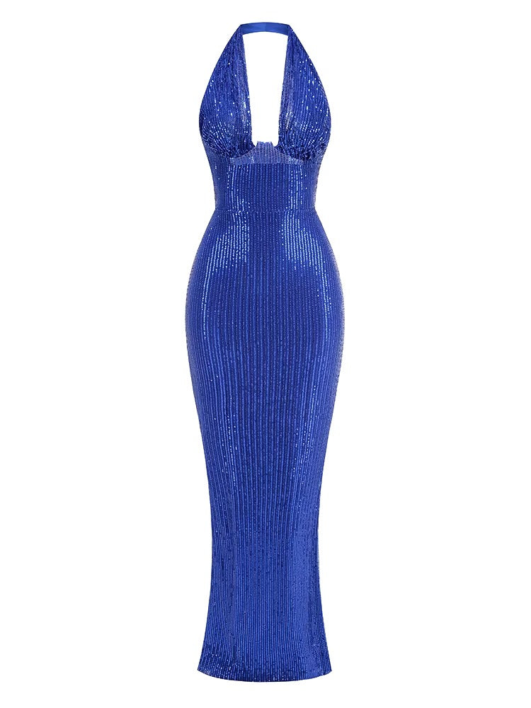 Elegant Deep V Neck Sequins Backless Christmas Long Dress