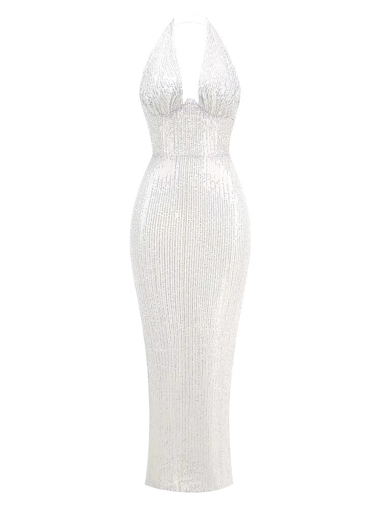 Elegant Deep V Neck Sequins Backless Christmas Long Dress