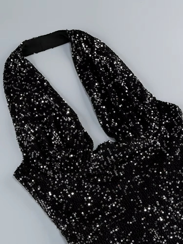 Elegant Deep V Neck Sequins Backless Christmas Long Dress