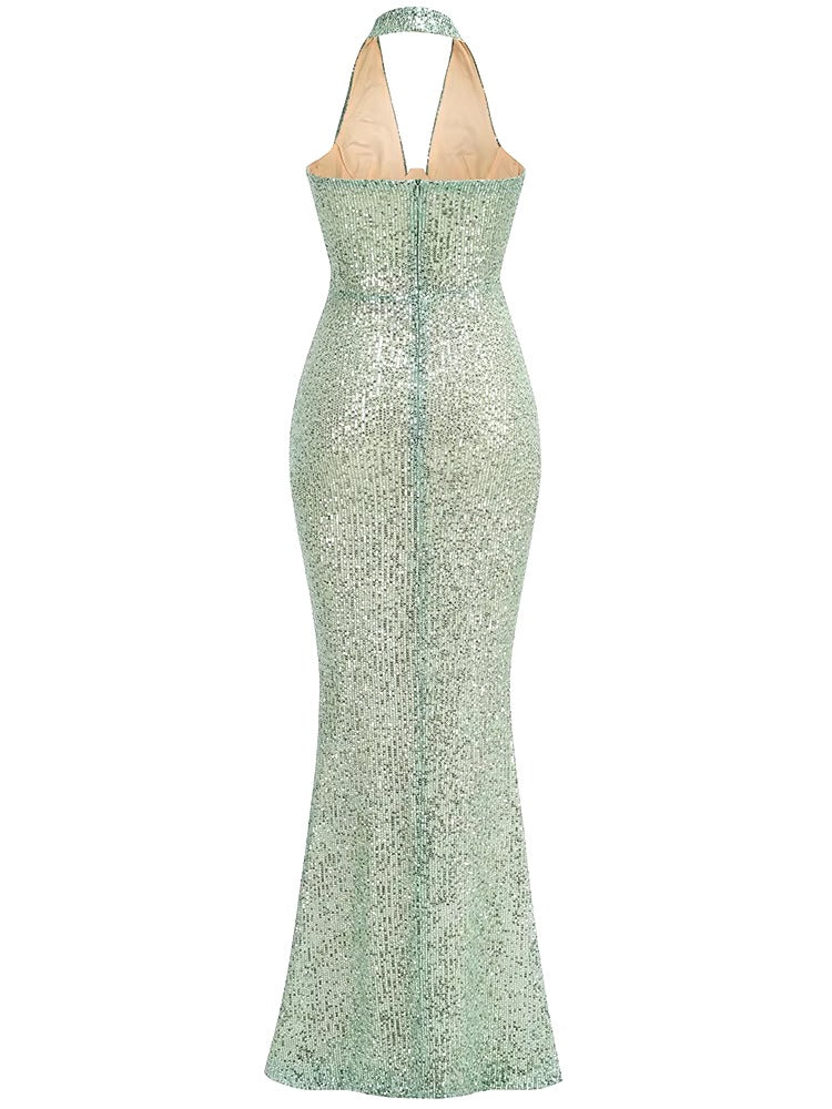 Elegant Deep V Neck Sequins Backless Christmas Long Dress