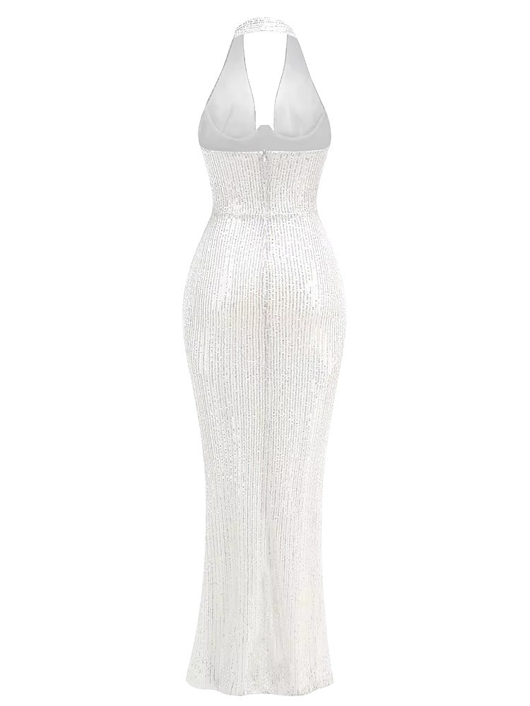 Elegant Deep V Neck Sequins Backless Christmas Long Dress