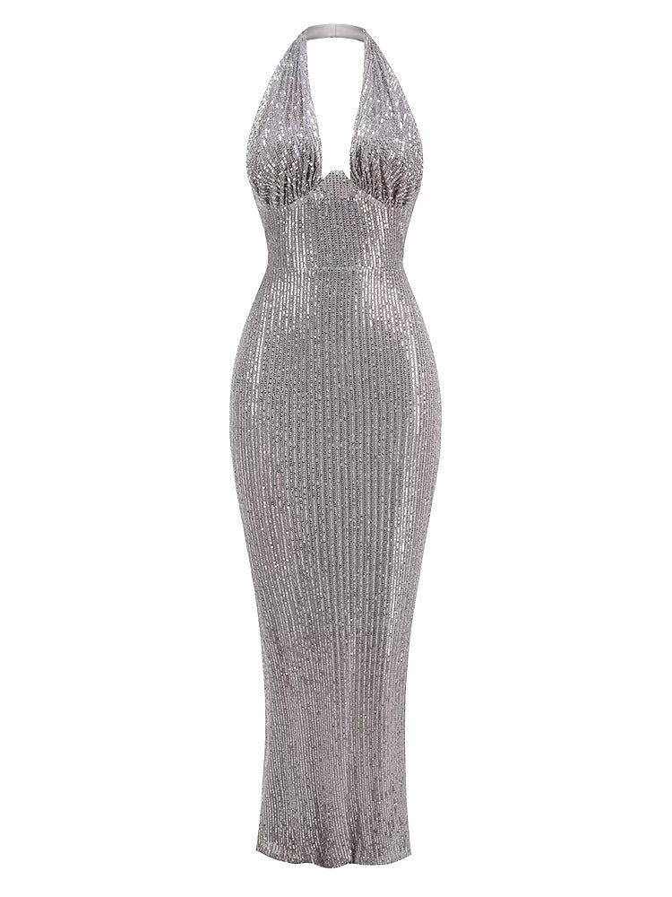 Elegant Deep V Neck Sequins Backless Christmas Long Dress
