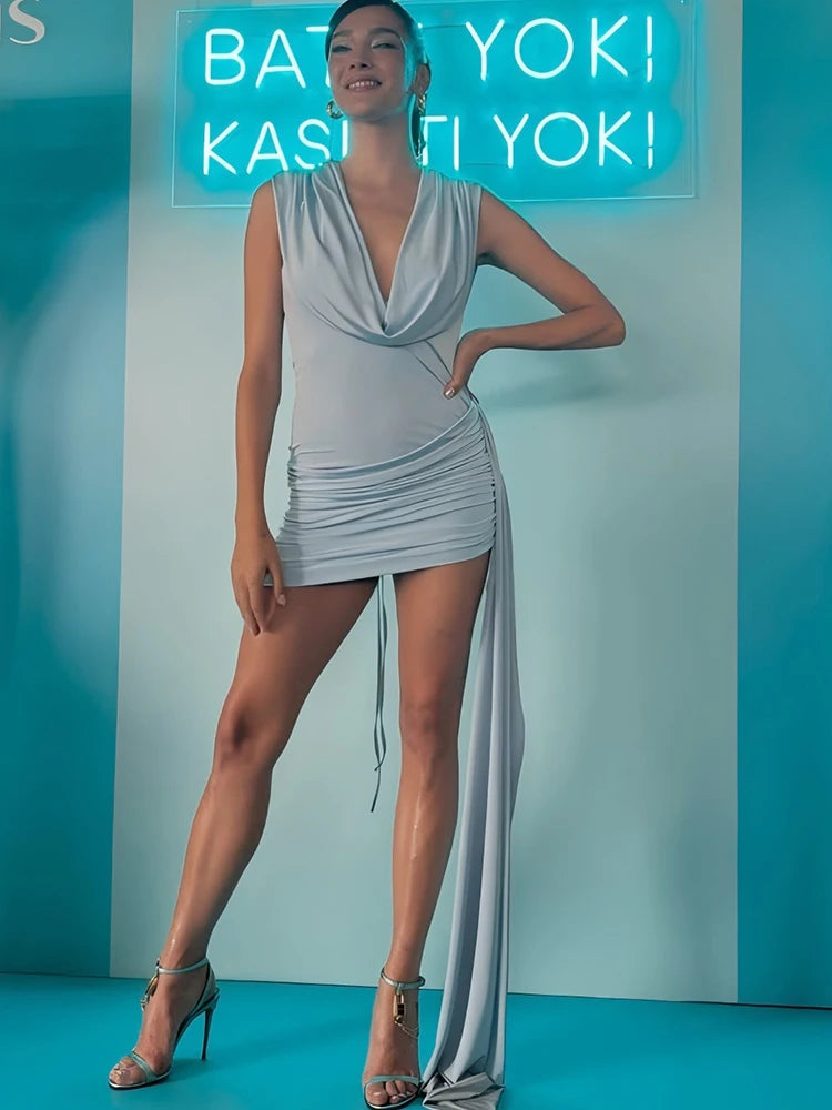 Elegant Deep V-neck Draped Sleeveless High Waist Ribbon Dress