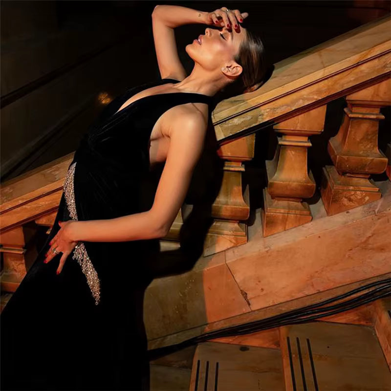 Elegant Deep V-neck High Slit Ankle-Length Tassel Backless Maxi Dress