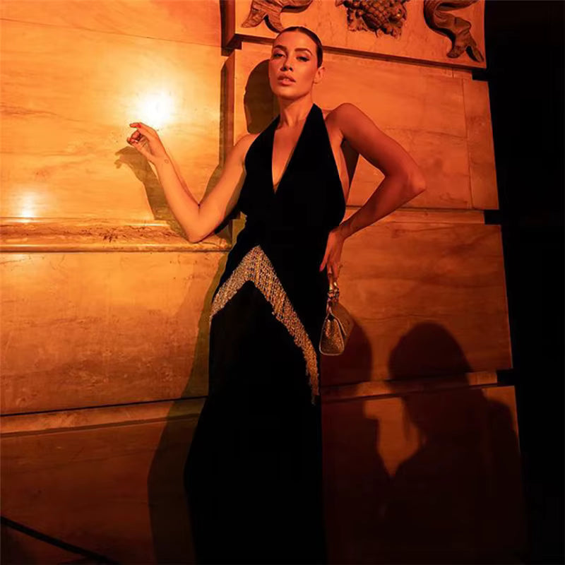 Elegant Deep V-neck High Slit Ankle-Length Tassel Backless Maxi Dress