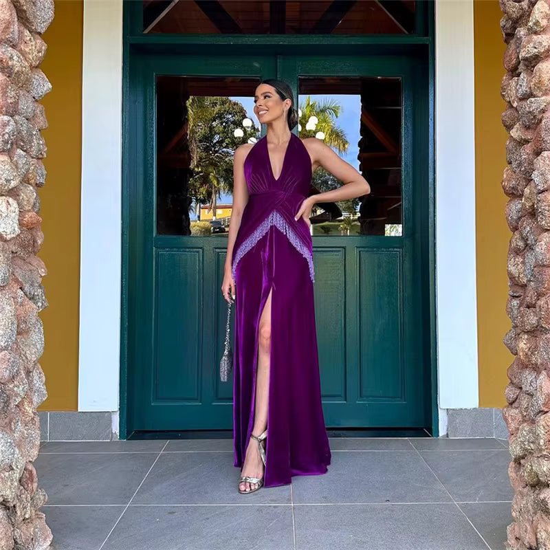 Elegant Deep V-neck High Slit Ankle-Length Tassel Backless Maxi Dress