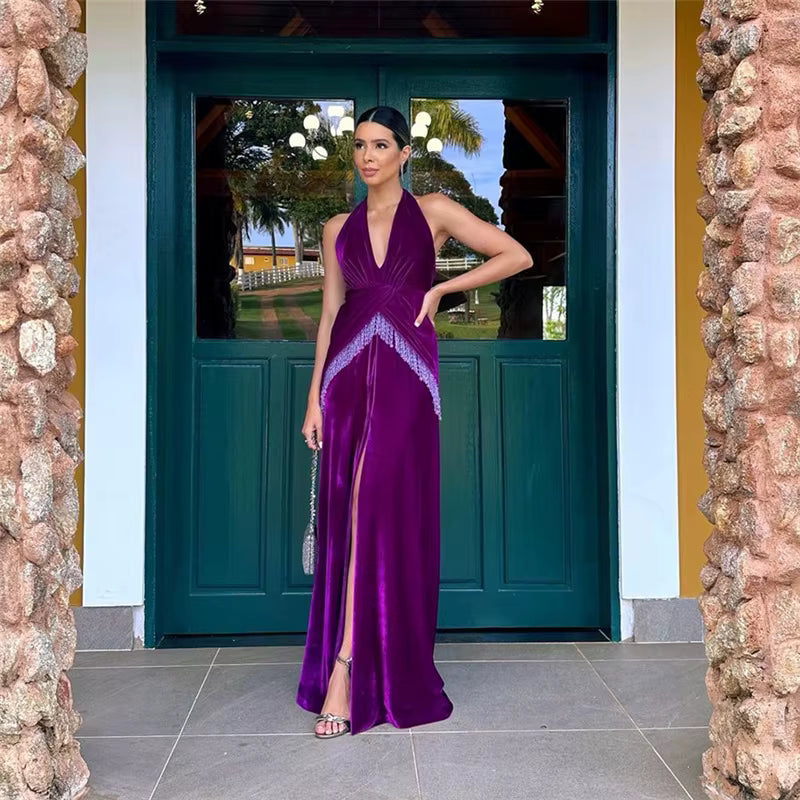 Elegant Deep V-neck High Slit Ankle-Length Tassel Backless Maxi Dress