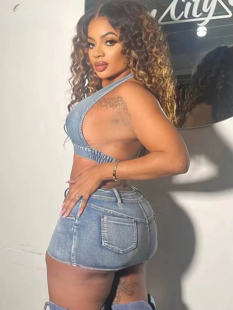 Elegant Denim Backless Bodycon Sleevless Halter Two Piece Sets