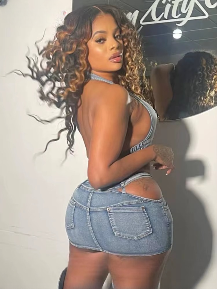 Elegant Denim Backless Bodycon Sleevless Halter Two Piece Sets