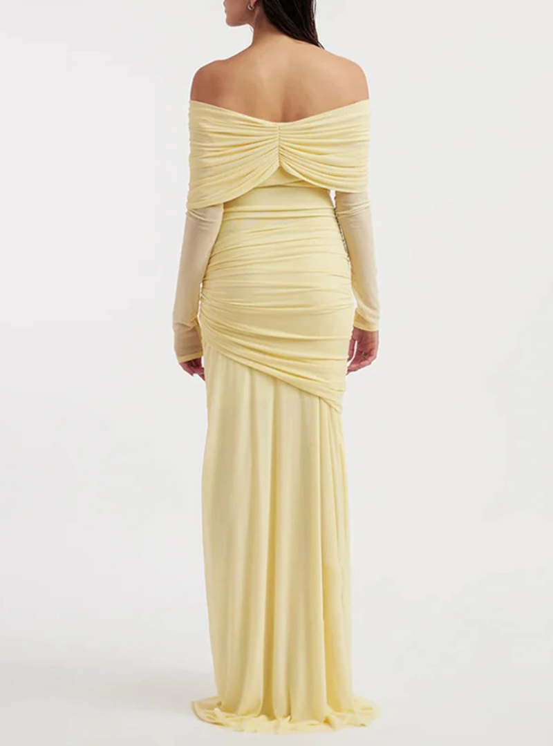 Elegant Designer Dress Slash Neck Asymmetric Long Sleeve Ribbon Shimming Dresses