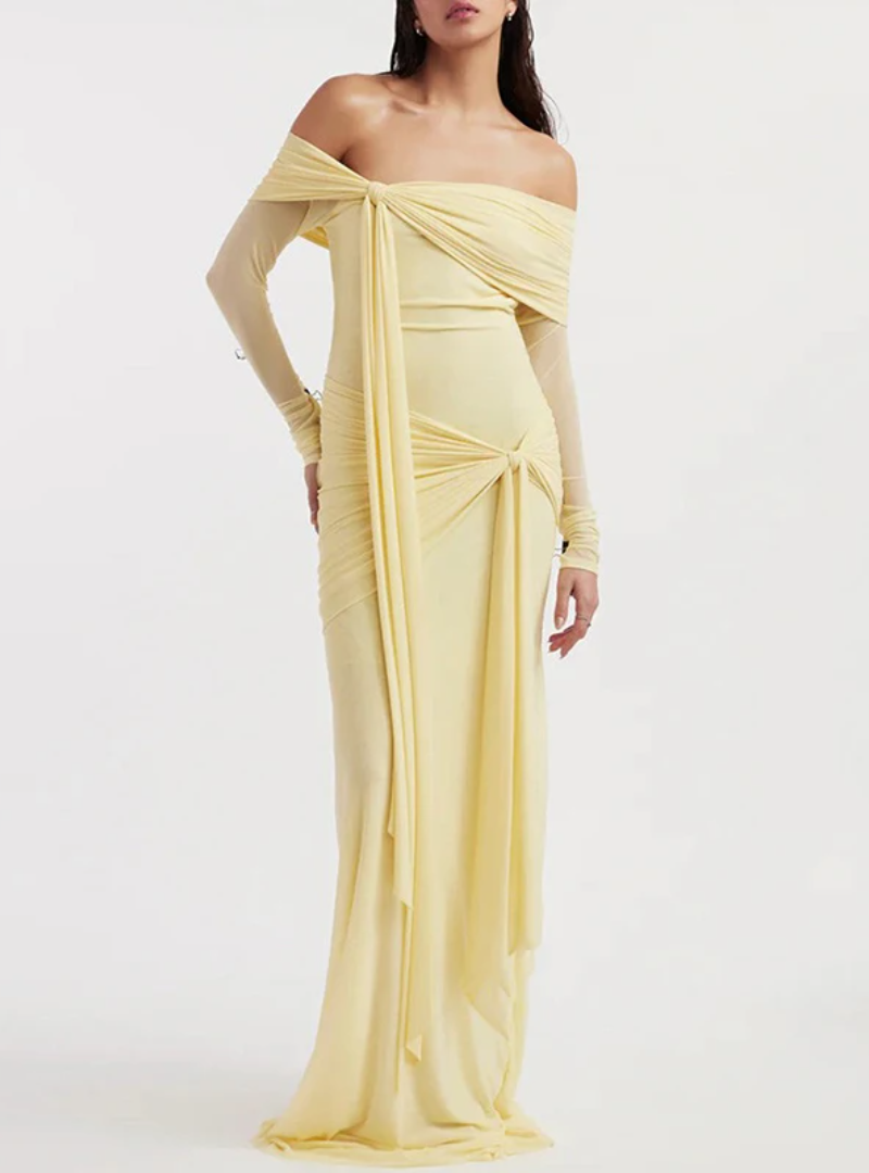 Elegant Designer Dress Slash Neck Asymmetric Long Sleeve Ribbon Shimming Dresses