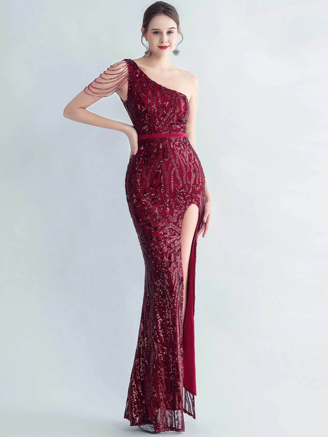Elegant Diagonal Collar Backless Sequin Birthday Party Long Maxi Dress