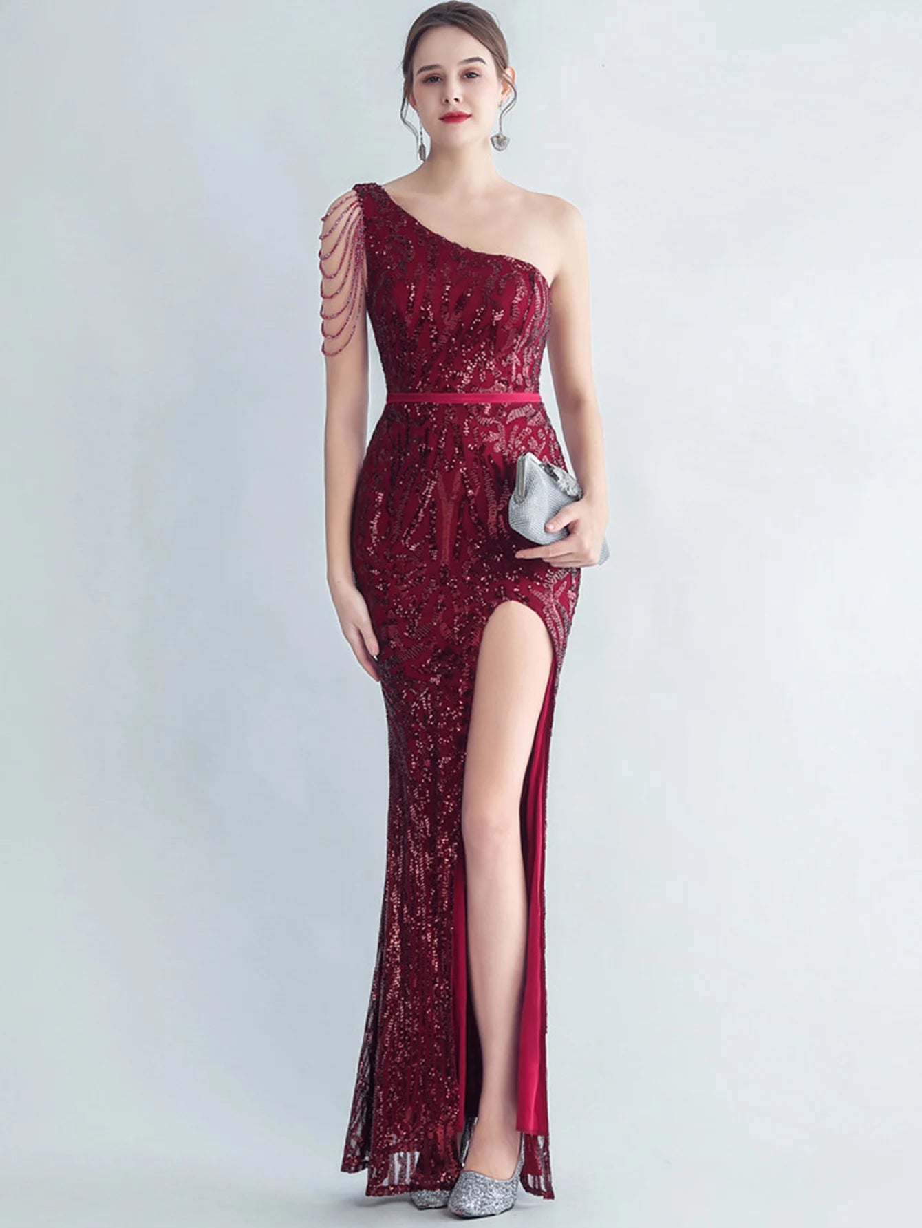 Elegant Diagonal Collar Backless Sequin Birthday Party Long Maxi Dress