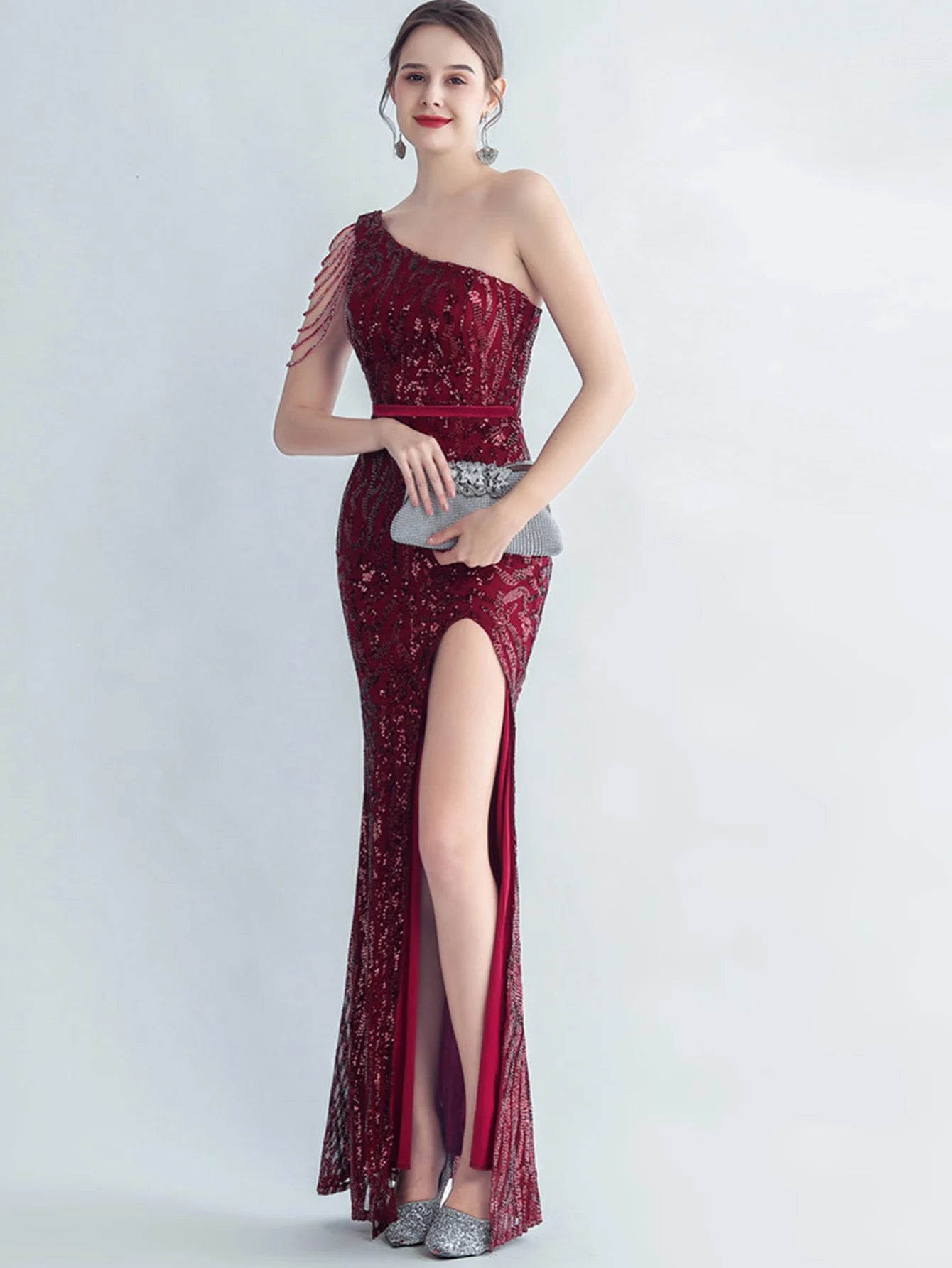 Elegant Diagonal Collar Backless Sequin Birthday Party Long Maxi Dress