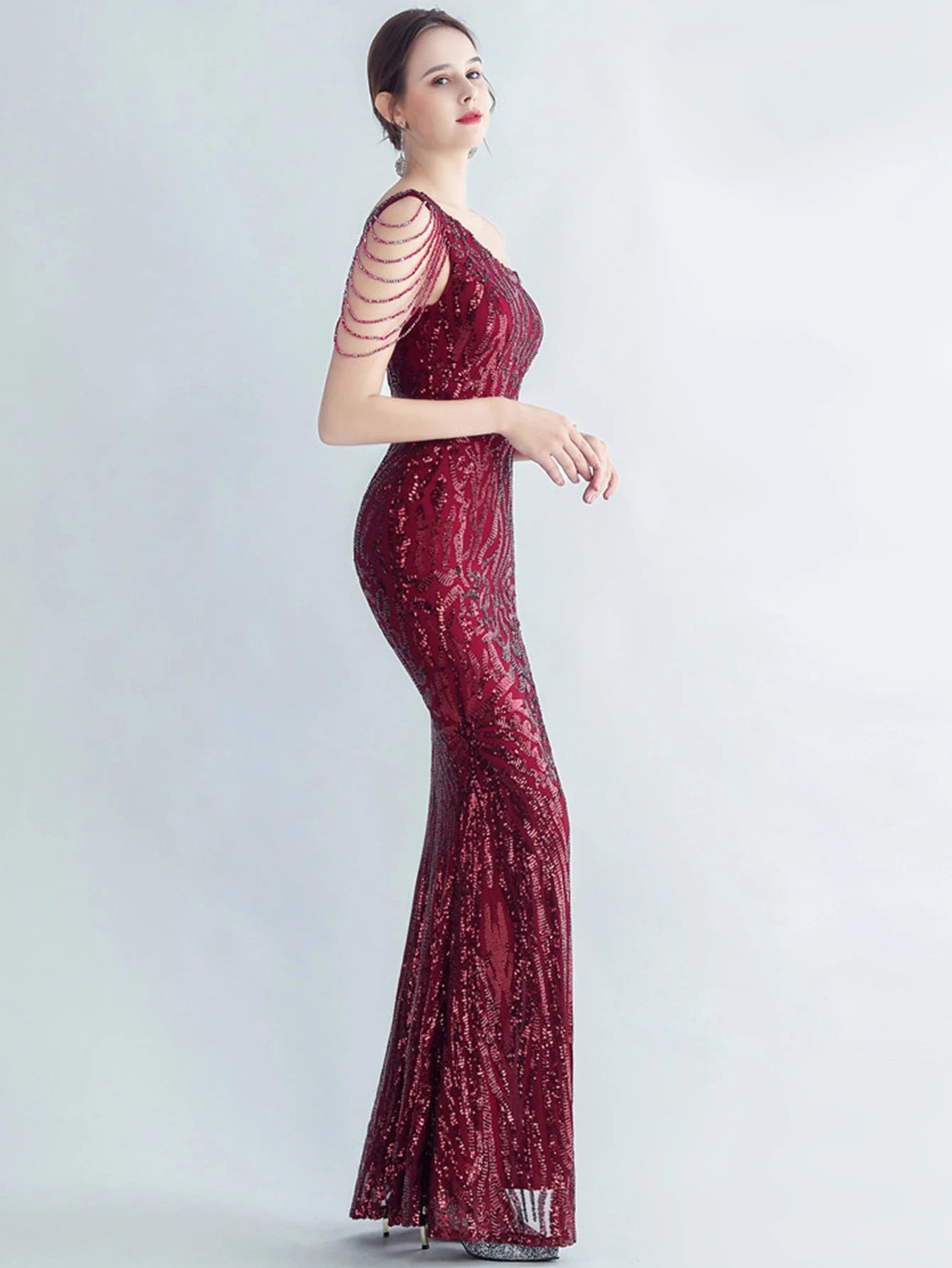 Elegant Diagonal Collar Backless Sequin Birthday Party Long Maxi Dress