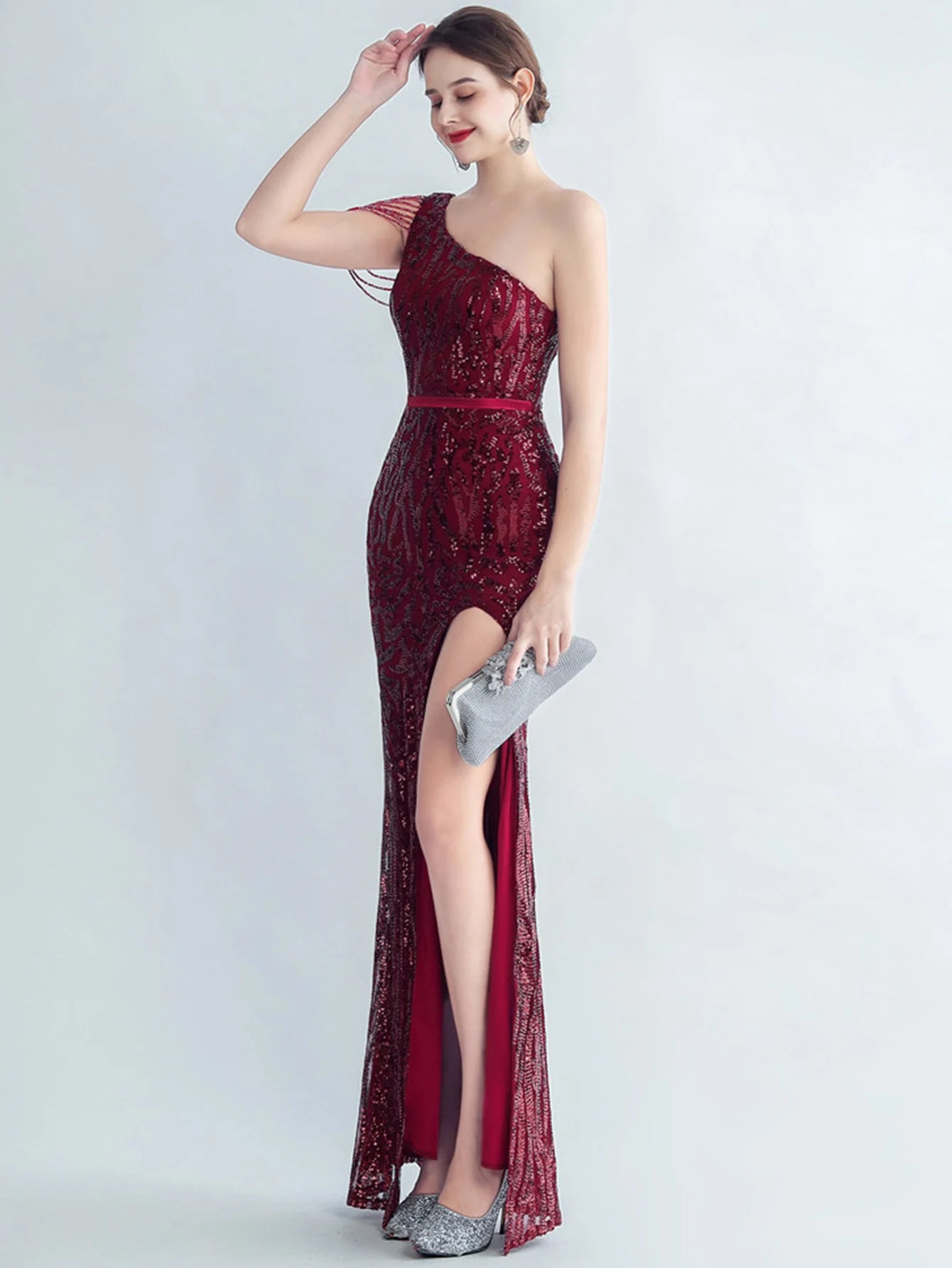 Elegant Diagonal Collar Backless Sequin Birthday Party Long Maxi Dress