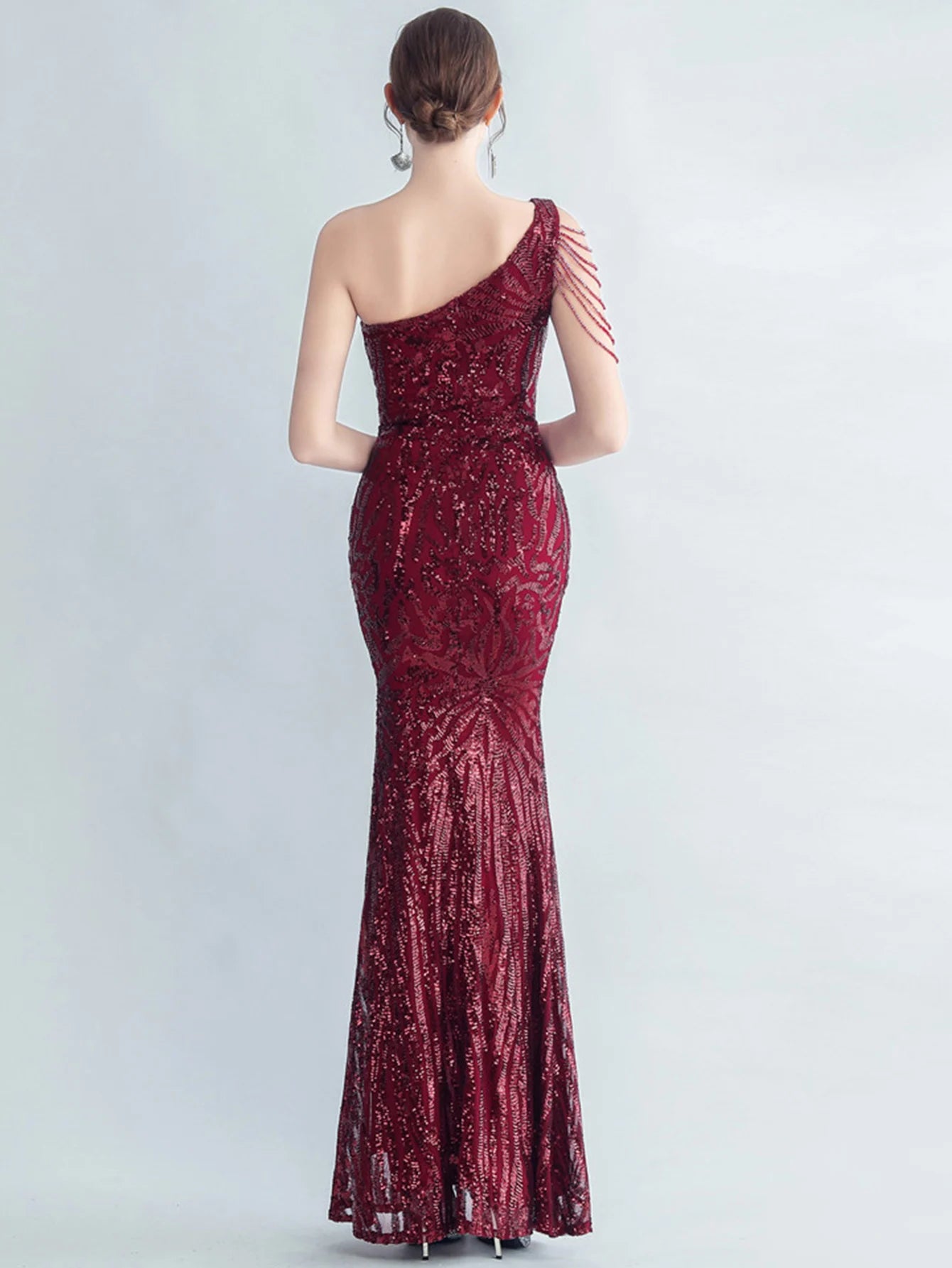Elegant Diagonal Collar Backless Sequin Birthday Party Long Maxi Dress