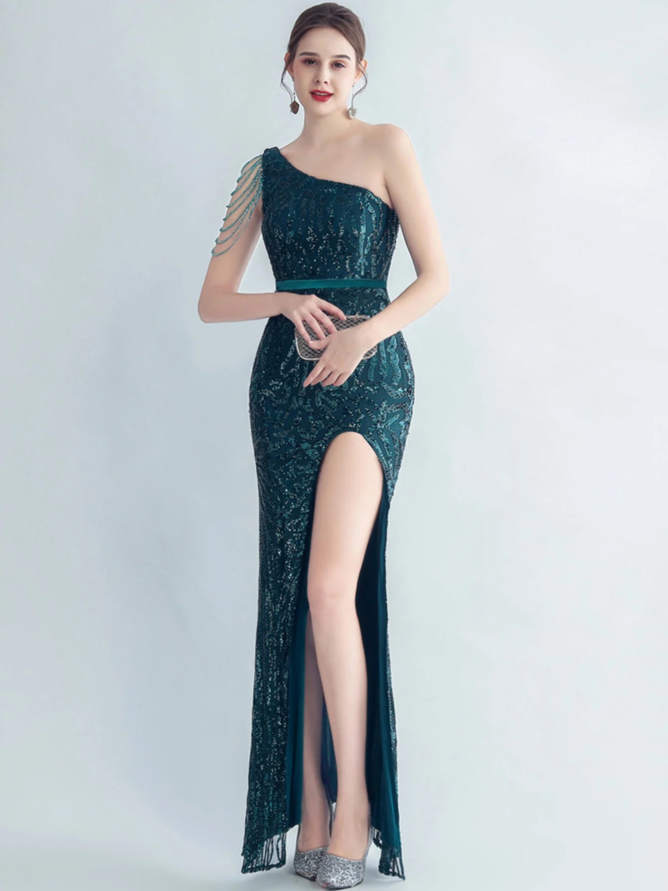 Elegant Diagonal Collar Backless Sequin Birthday Party Long Maxi Dress