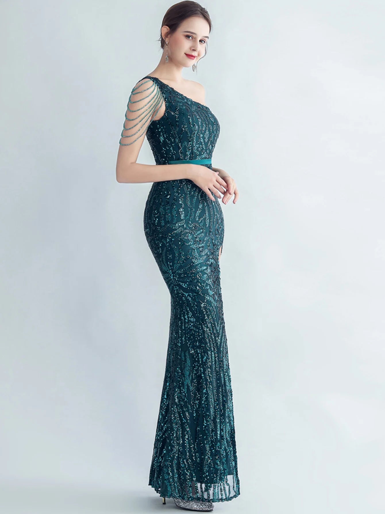 Elegant Diagonal Collar Backless Sequin Birthday Party Long Maxi Dress