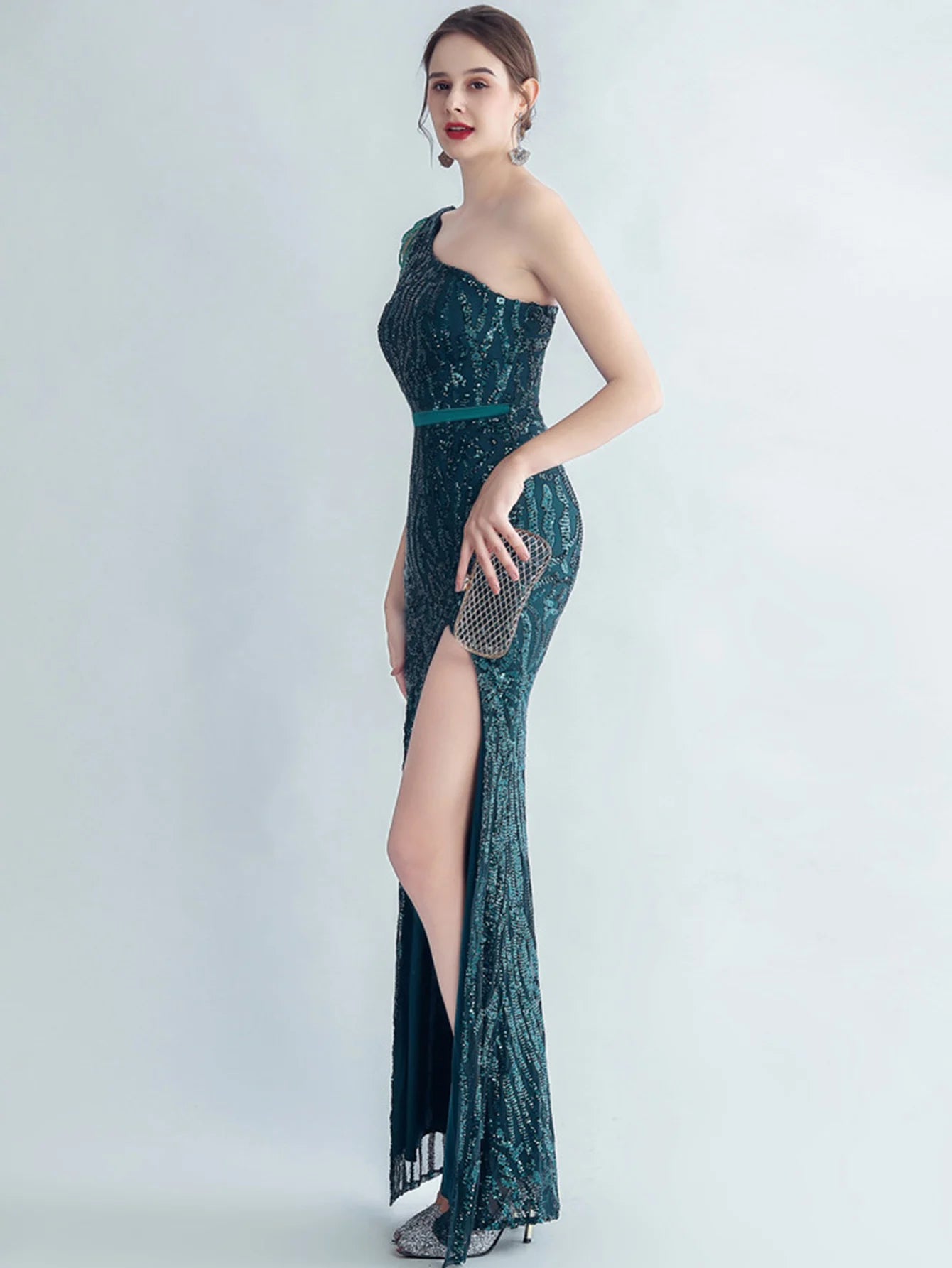 Elegant Diagonal Collar Backless Sequin Birthday Party Long Maxi Dress