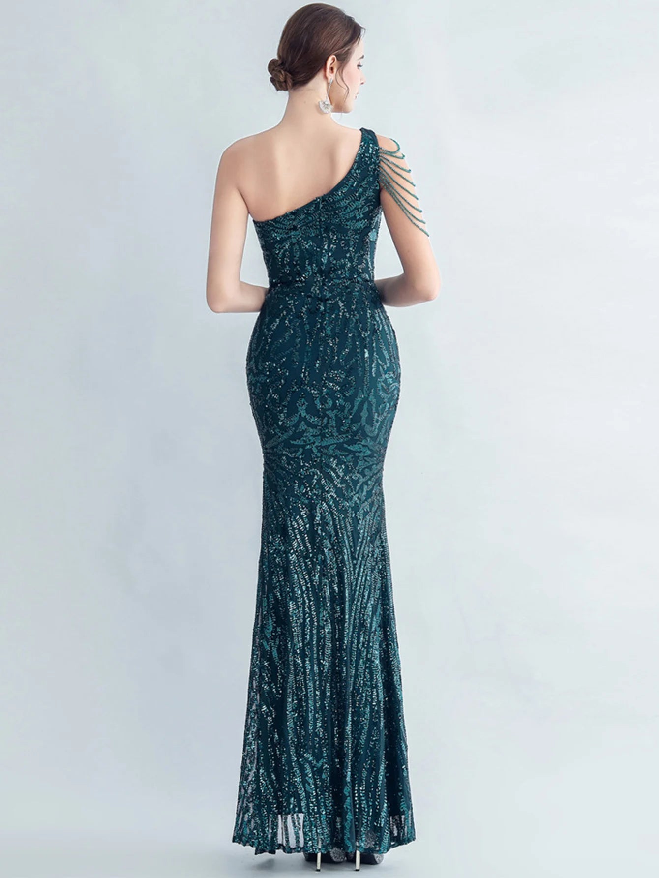Elegant Diagonal Collar Backless Sequin Birthday Party Long Maxi Dress