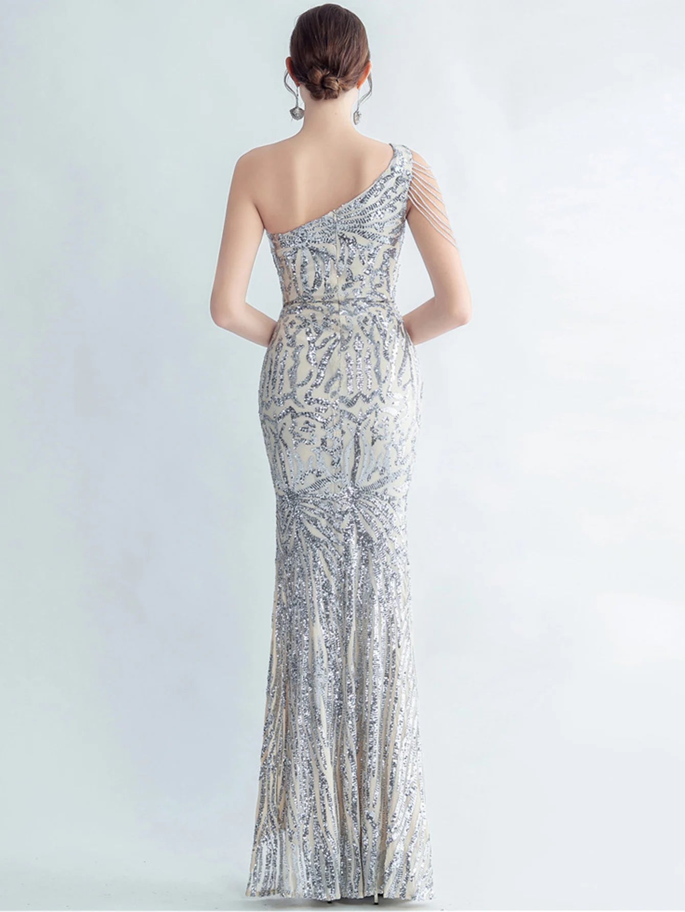 Elegant Diagonal Collar Backless Sequin Birthday Party Long Maxi Dress
