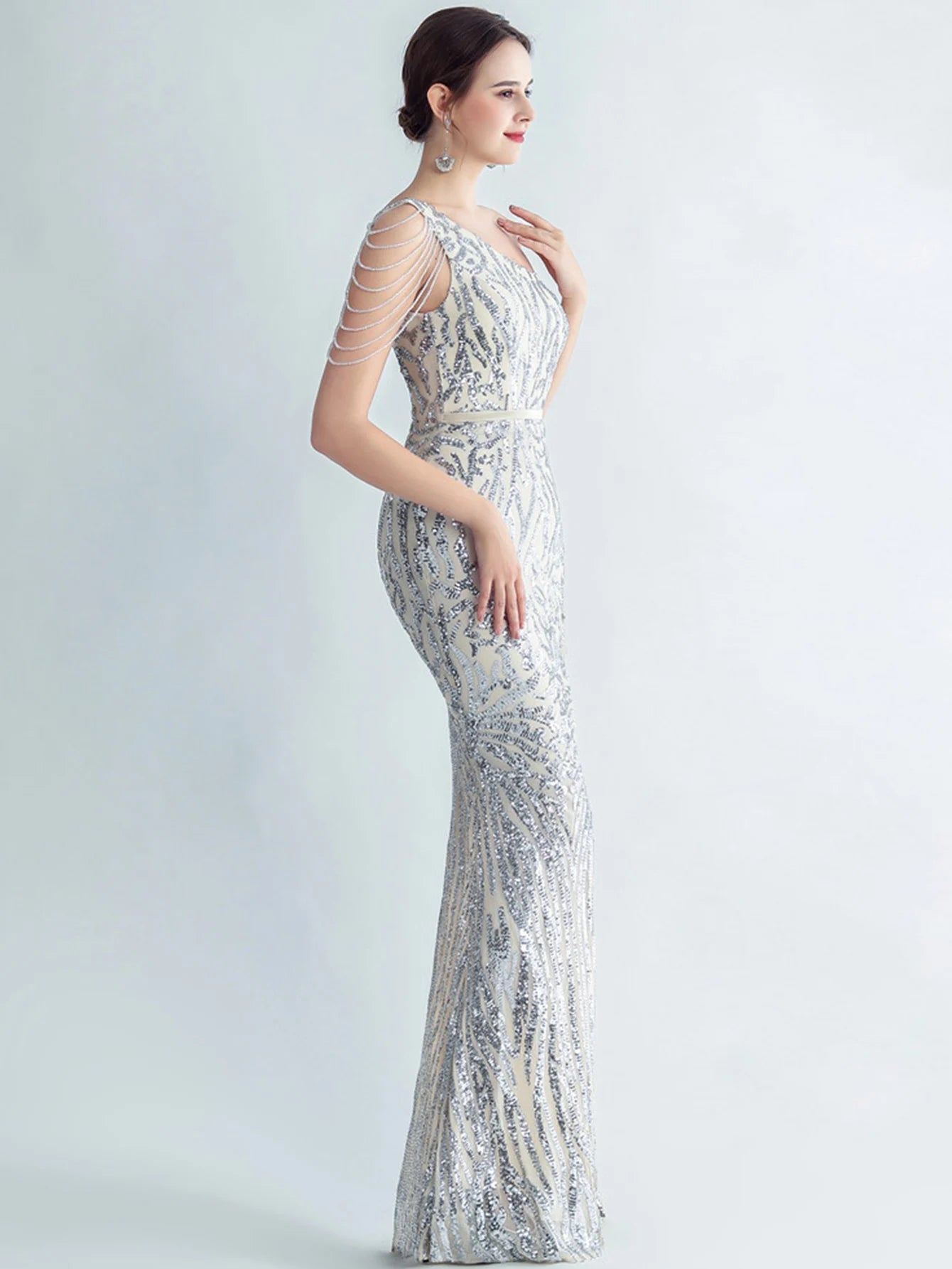 Elegant Diagonal Collar Backless Sequin Birthday Party Long Maxi Dress