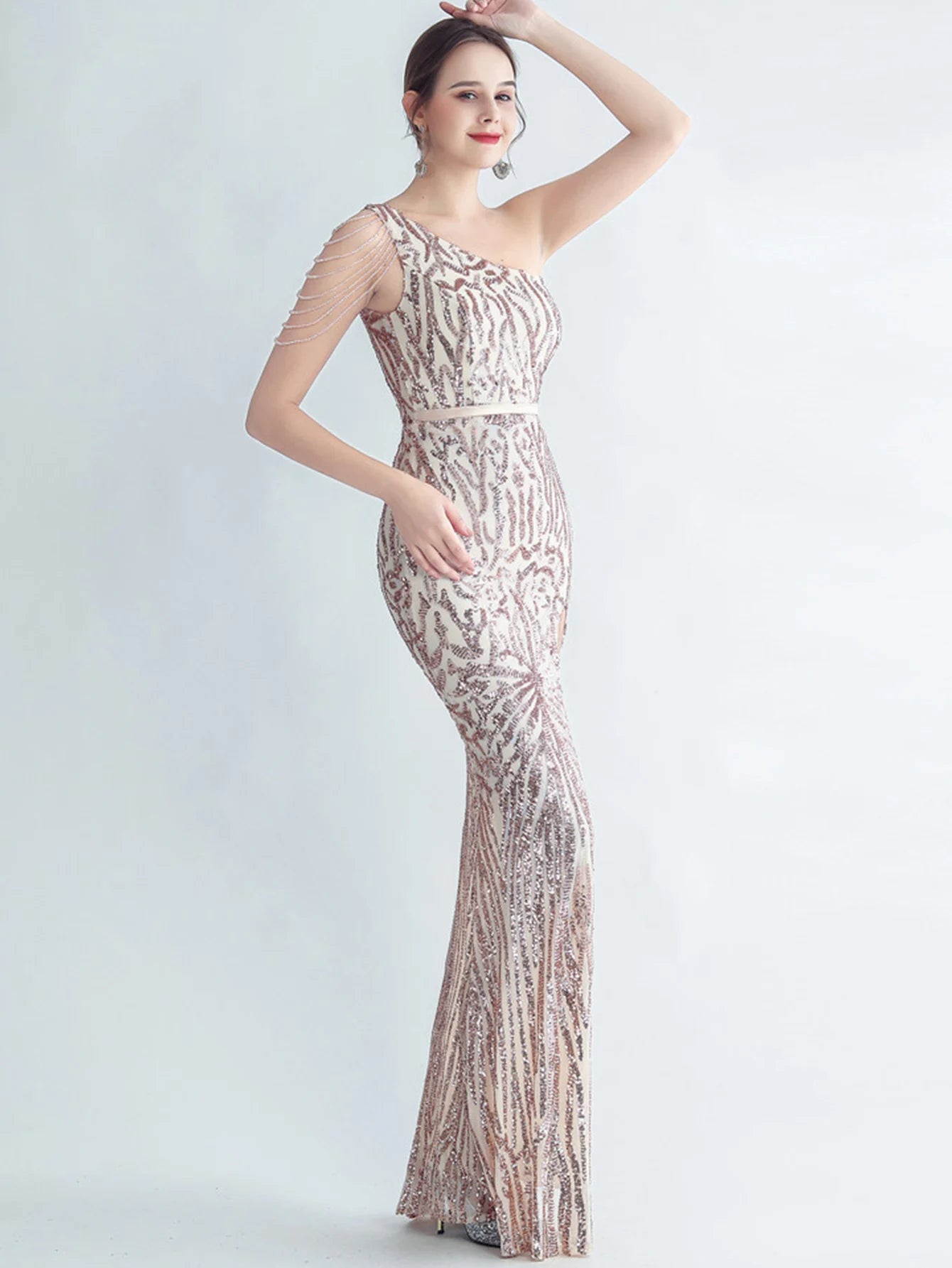 Elegant Diagonal Collar Backless Sequin Birthday Party Long Maxi Dress