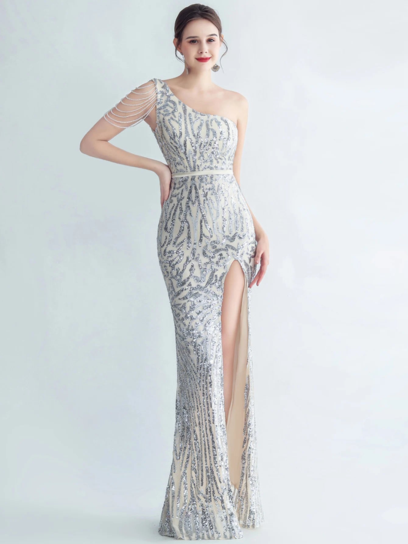 Elegant Diagonal Collar Backless Sequin Birthday Party Long Maxi Dress