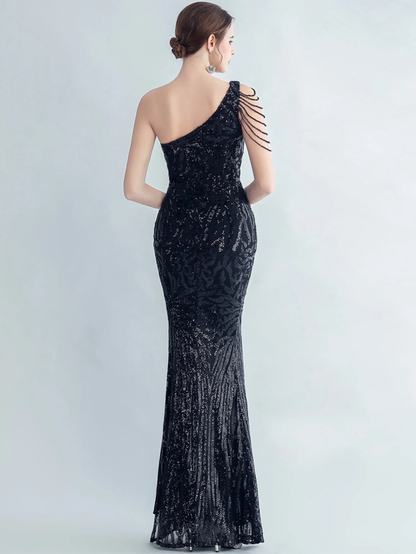 Elegant Diagonal Collar Backless Sequin Birthday Party Long Maxi Dress