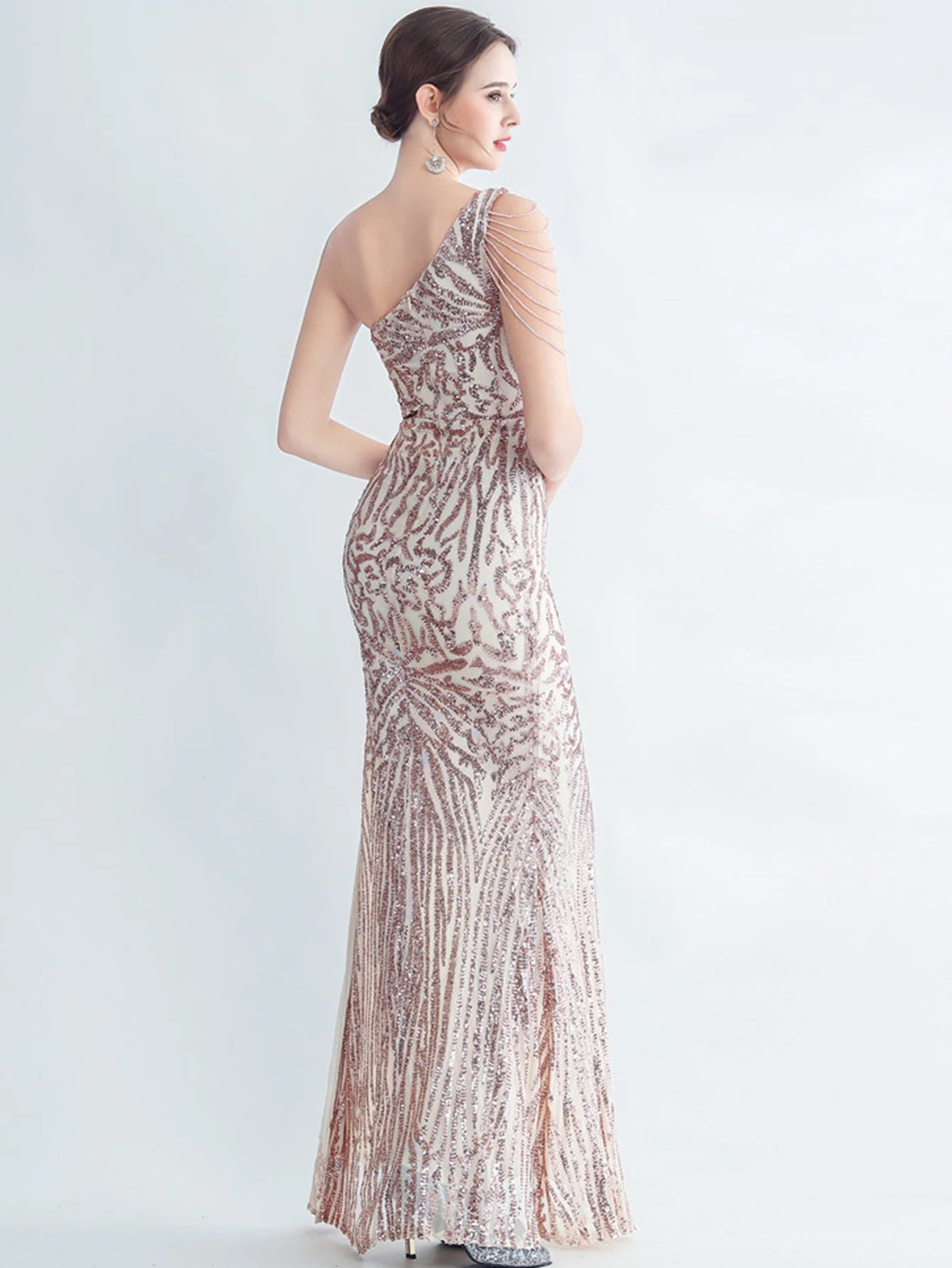 Elegant Diagonal Collar Backless Sequin Birthday Party Long Maxi Dress