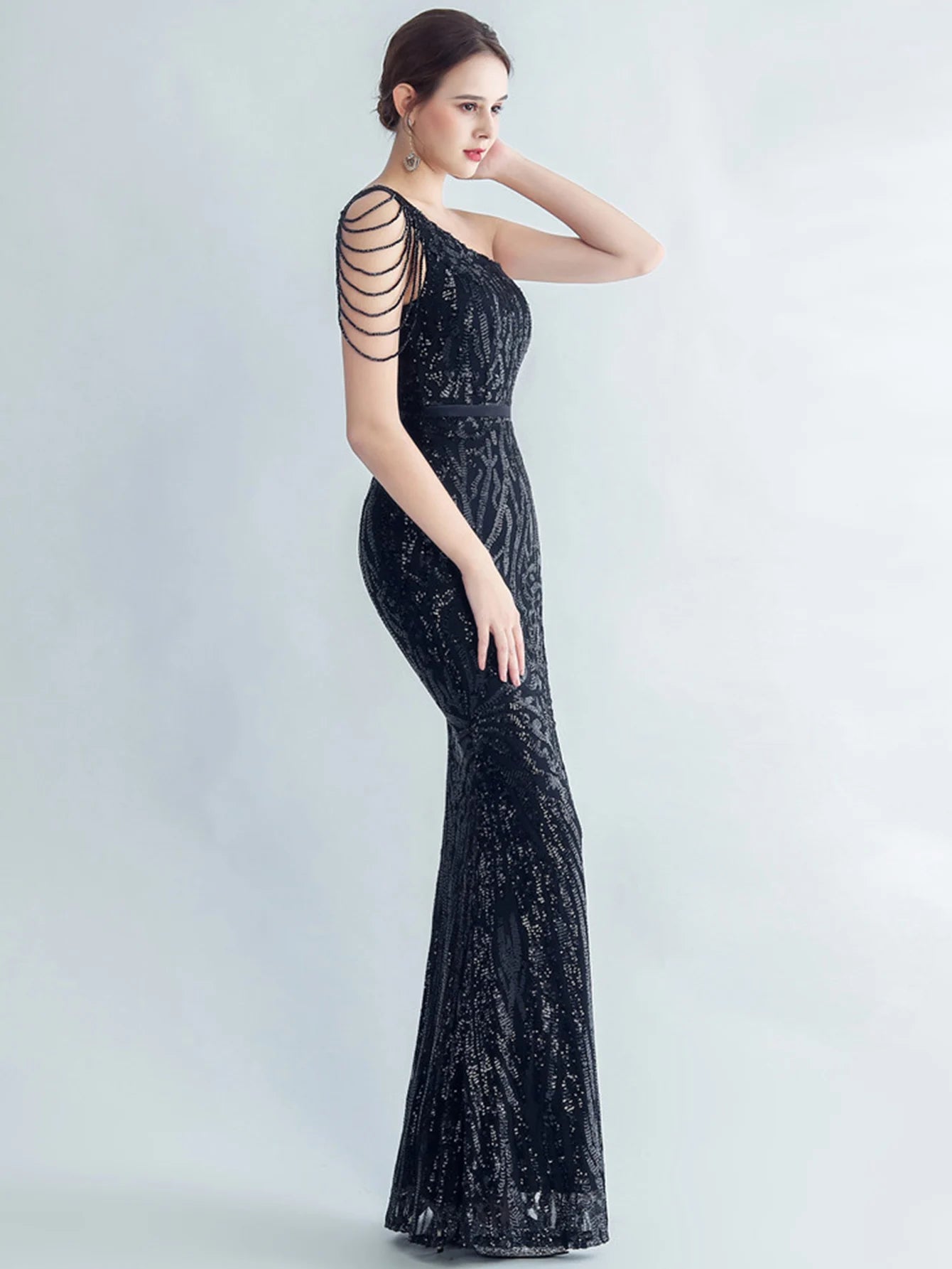 Elegant Diagonal Collar Backless Sequin Birthday Party Long Maxi Dress